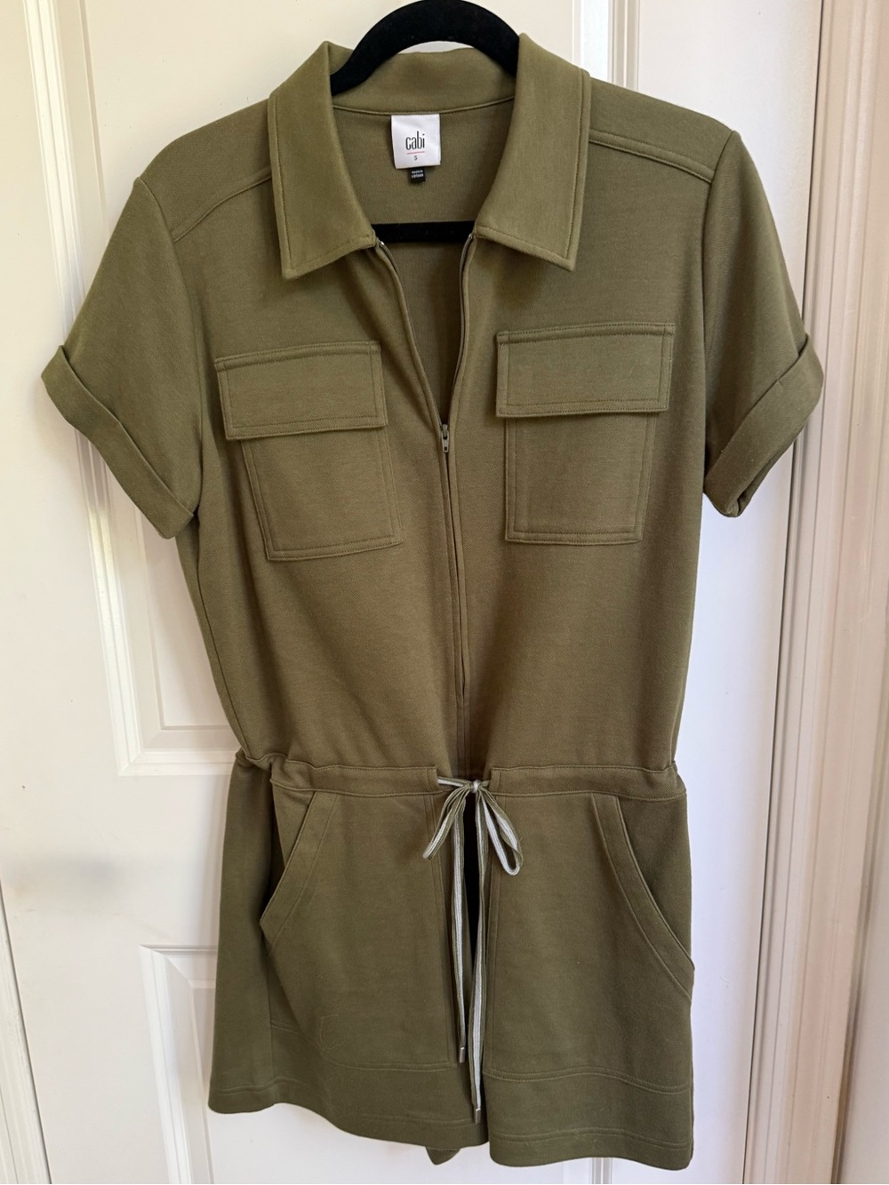 CAbi Olive Utility Short-Sleeve Romper with Drawstring